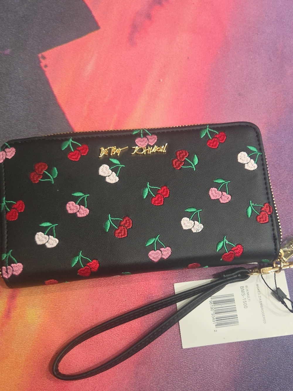 Betsey Johnson Black Cherry Embroidered Zip Wristlet